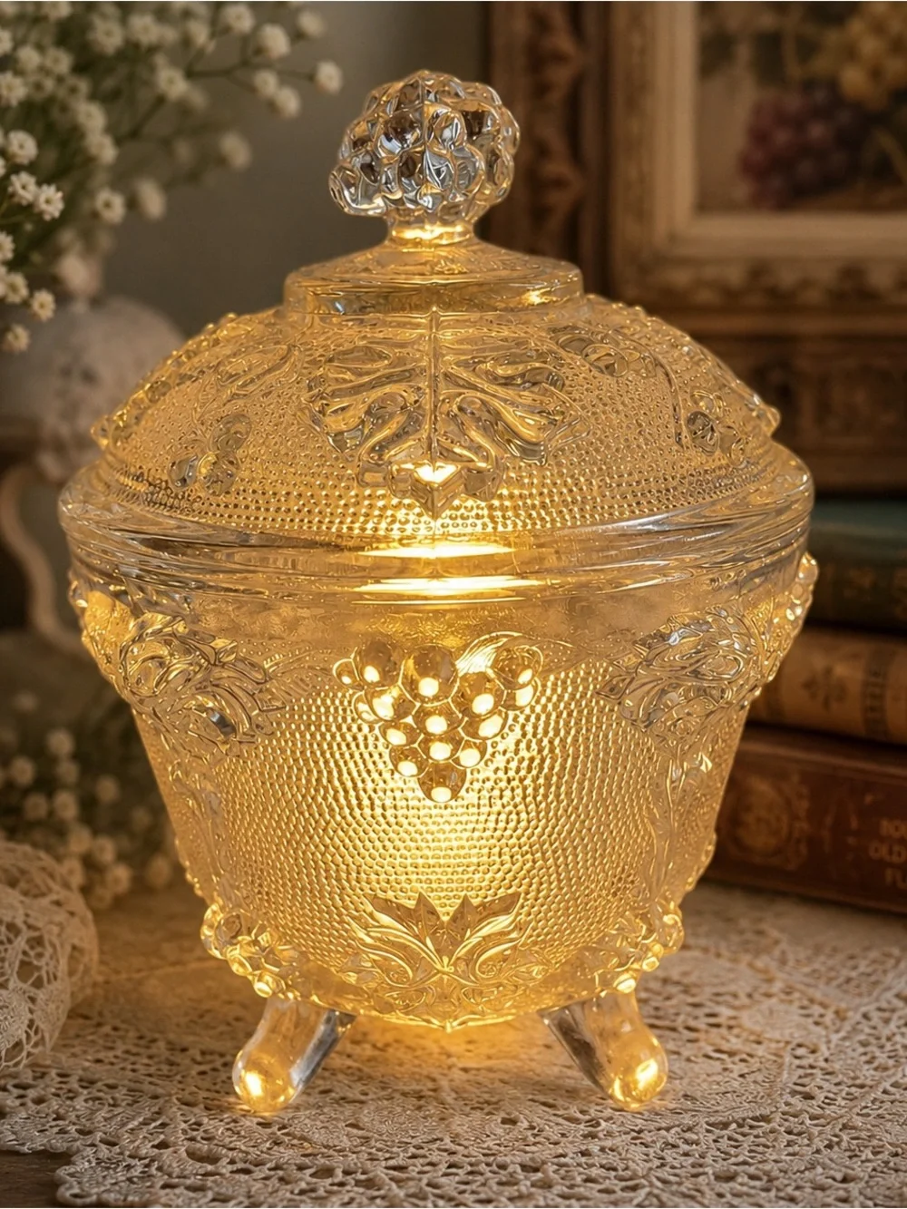 Vintage Harvest Grape Glass Trinket Box Styled as a Fairy Lamp